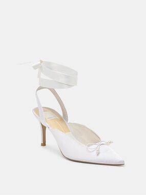 Dolce Vita Efora Heels True White Satin Ankle-Tie Pointed Toe with Pearl Bow
